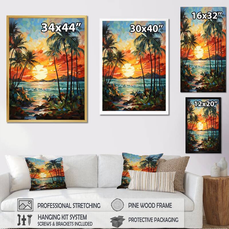 Designart "Orange Palm Trees Mosaic III" Palms & Palm Trees Framed